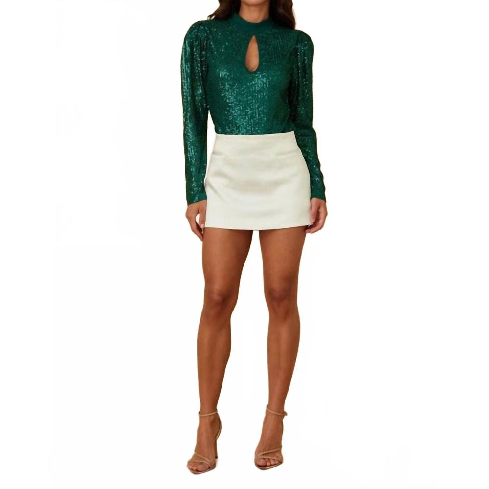 NEW VALENTINE women's serena puff shoulder sequin bodysuit in green